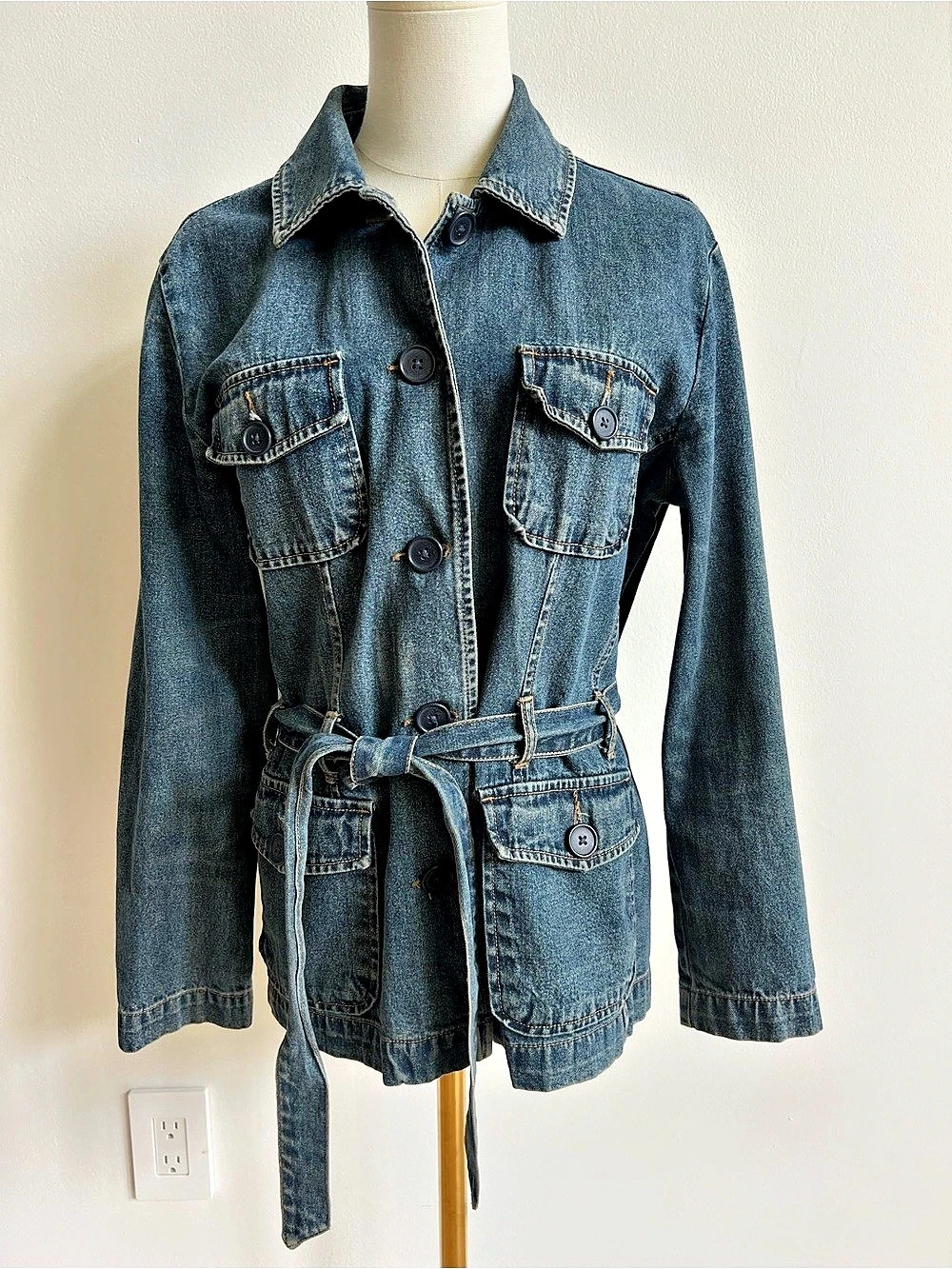 Vintage 90s Denim Jean Jacket Belted Utility Chore Safari 4 Pocket Women’s XL